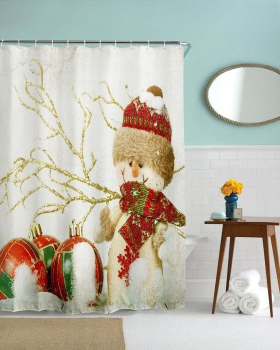 AutumnFall Winter Holiday Snowman Christmas Fabric Shower Curtain Digital Decor with Hooks (180cm180cm, F) N15