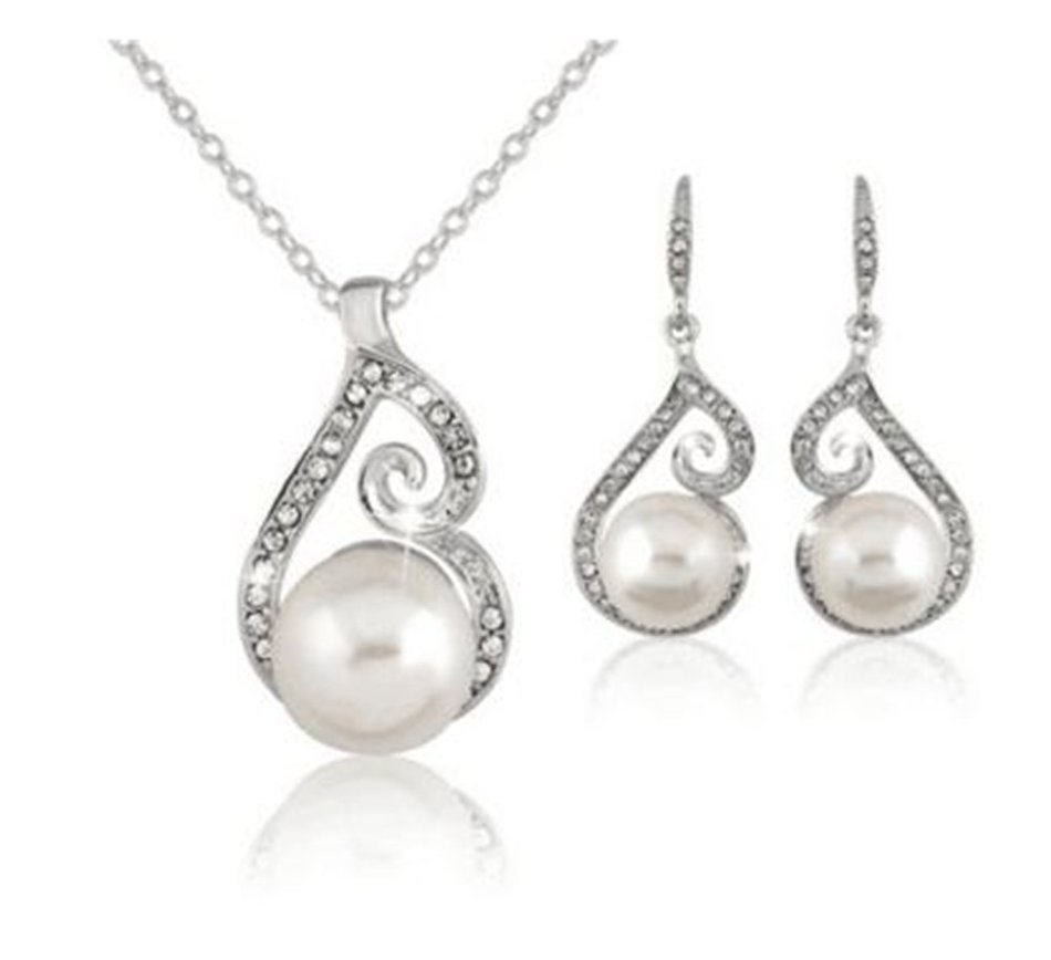 MENGDA Jewelry Set Gold Plated Pearl Pendant Necklace Dangle Earring Stud Set. (Pearl -3) N21