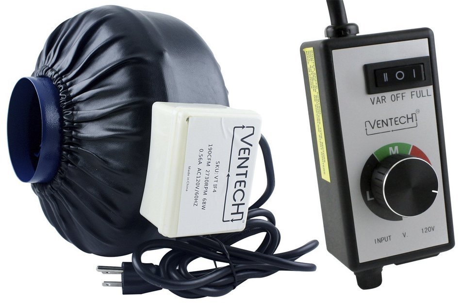 VenTech VT IF-4-B Inline Exhaust Blower Fan with Variable Speed Controller, 190 CFM, 4"