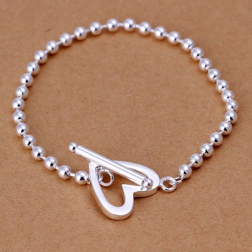 New Women 925 Sterling Silver Plated 5MM Heart Bead Charm Chain Bracelet Bangle
