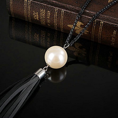 Women's Pearl Leather Tassels Pendant Long Chain Bid Sweater Necklace Jewelry N6