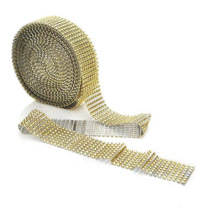 Aspire Gold Diamond Rhinestone Ribbon Wrap Roll, Cake And Party Decoration 8 Rows 1.5" X 10 Yards