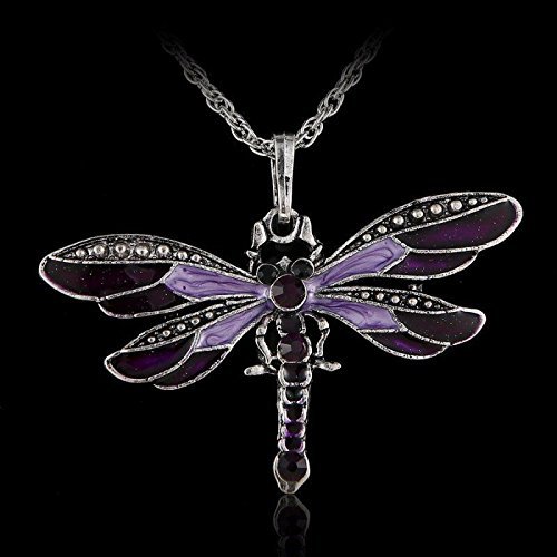 Retro Silver Jewelry Necklace Pendant Dragonfly Crystal Sweater Chain Fashion (purple) N2