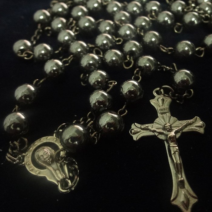Nonmagnetic Hematite Stone Beads Rosary 8mm Black Catholic Necklace Holy Soil Medal & Cross N4