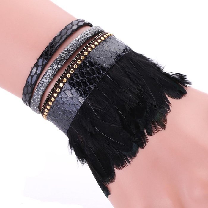AutumnFall&reg; Women Leather Feather Detail Wrist Cuff Wrap Band Trendy Bracelet (Coffee) N7