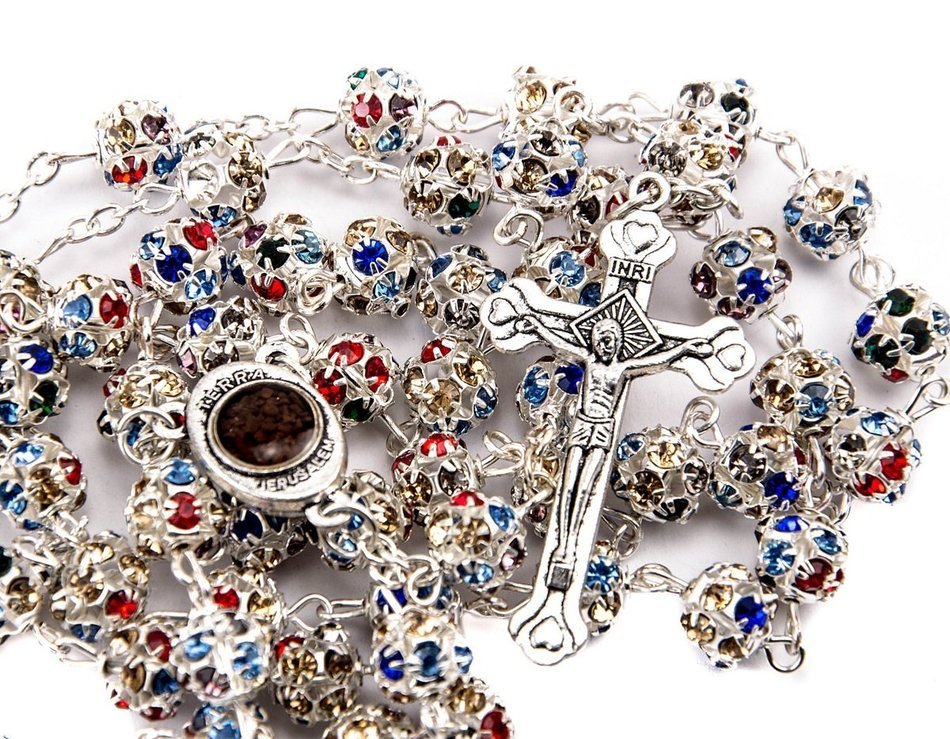 Colorful Zircon Crystals Beads Rosary Catholic Necklace Holy Soil Medal & Cross N3