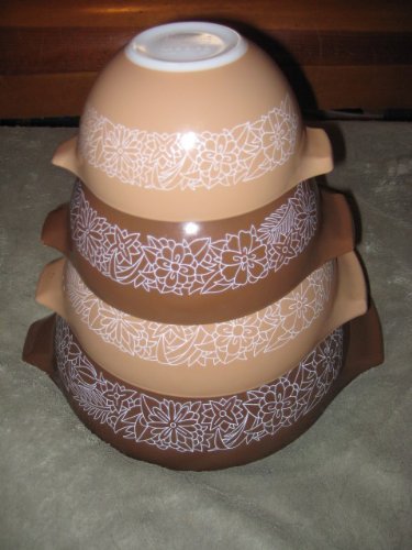 SET OF 4 - Vintage 1978 Pyrex WOODLAND Brown & Beige Cinderella Mixing Nesting Batter Bowl Set - 4 qt, 2 1/2 qt...
