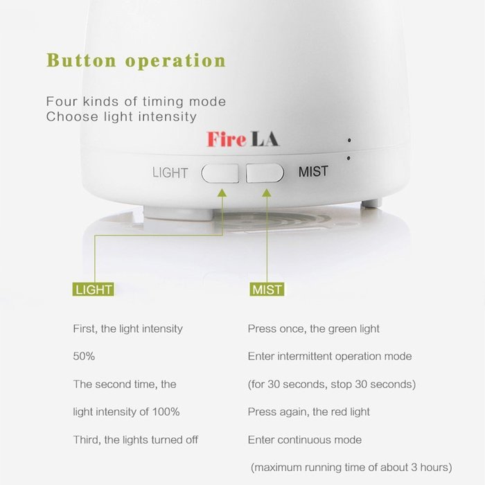 Fire LA 300ml Essential Oil Diffuser for Aromatherapy Ultrasonic Air-Cool Mist Humidifier N7
