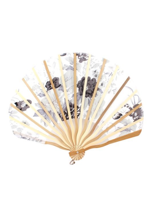 Bamboo Ribs Flower Print Seashell Shape Folding Hand Fan White Gray N3