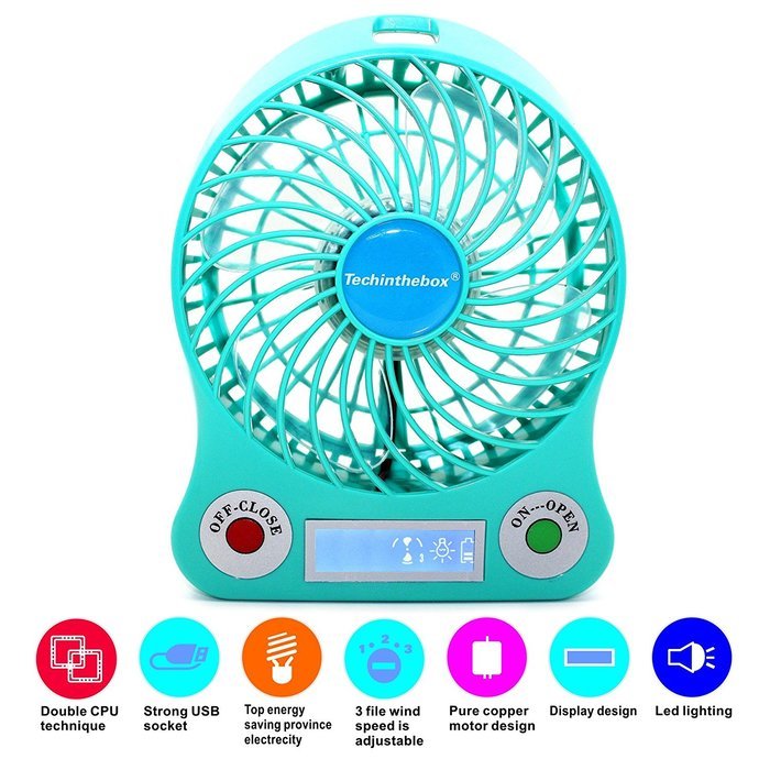 TechIntheBox LED display Portable Fan 4-inch 3 Speeds Mini USB Rechargeable Fan with LED Light Powered By Electric-powered... N13