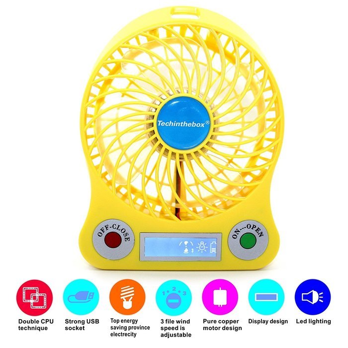 TechIntheBox LED display Portable Fan 4-inch 3 Speeds Mini USB Rechargeable Fan with LED Light Powered By Electric-powered... N16