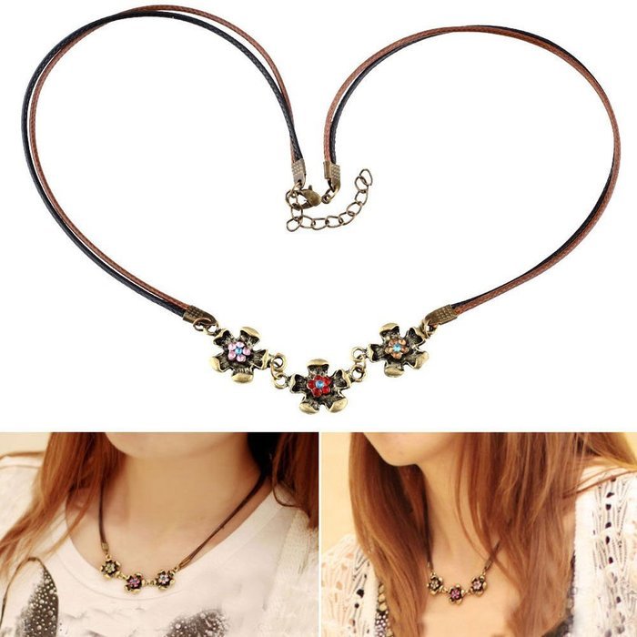 Vintage Jewelry Women Color Crystal Flower Double Chain Necklace Boho
