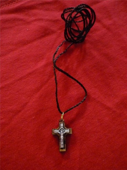 Olive Wood Small Catholic Silver Plated Cross Crucifix Handmade on Thread N2