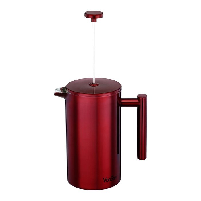 VonShef Red Double Wall Keep Warm Satin Polished Stainless Steel French Press Cafetiere Coffee Filter includes...