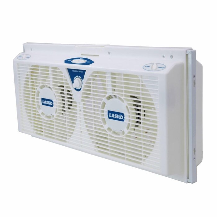 Lasko 8" REVERSIBLE Twin Window Fan with All NEW Comfort Watch Thermostat, 2 Speeds & Snap On Feet Included N2