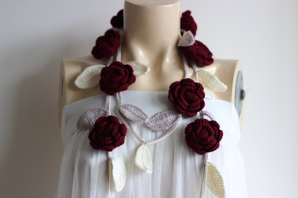 Burgundy Scarf-Rose Crochet Scarf-Necklace Lariat Scarf- Burgundy,Ivory,Taupe Scarf-Burgundy Neckwarmer