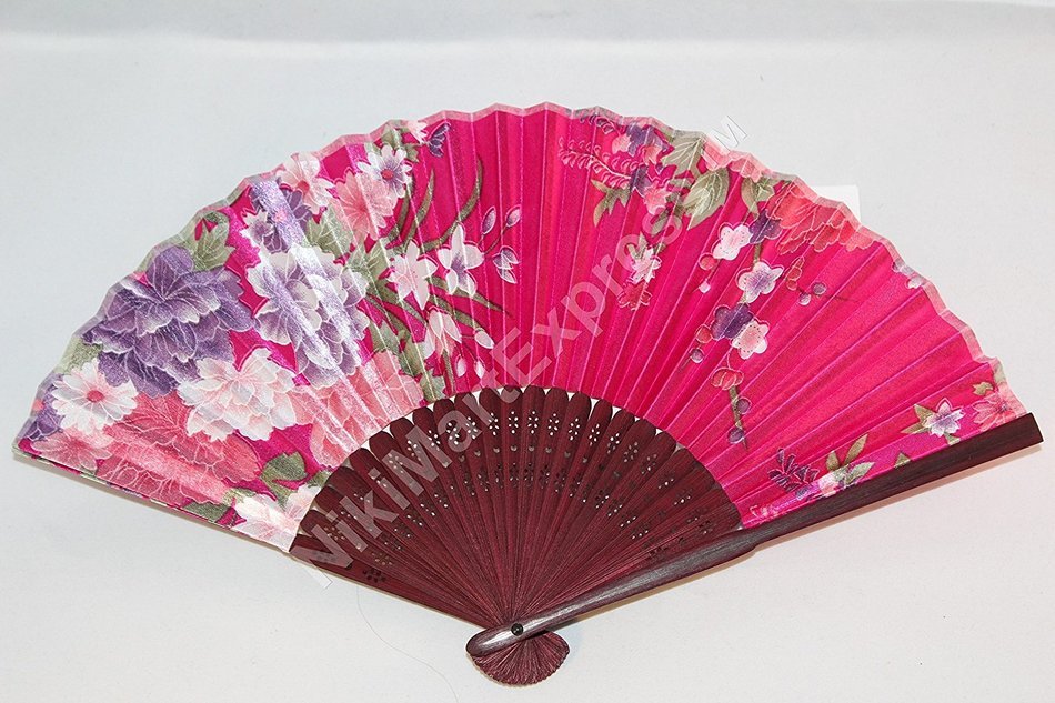 Oriental Lady Dark Brown Bamboo & Silk Hand Folding Fan, Wall Art, Decoration (Hot Pink) N2