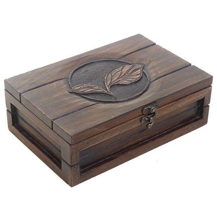 Wooden Tea Storage Box Compact Organizer Handcrafted with Tea Leaf Motif