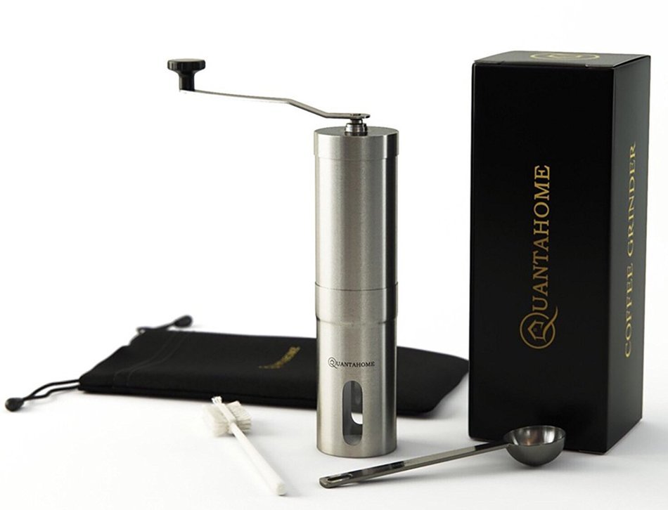 SALE NOW Quantahome Manual Coffee Grinder adjustable ceramic burr with Bag, Brush & Scoop. Stainless Steel-Best...