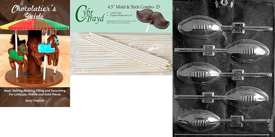 Cybrtrayd 'Football Lolly' Sports Chocolate Candy Mold with 25 4.5-Inch Lollipop Sticks and Chocolatier's Guide
