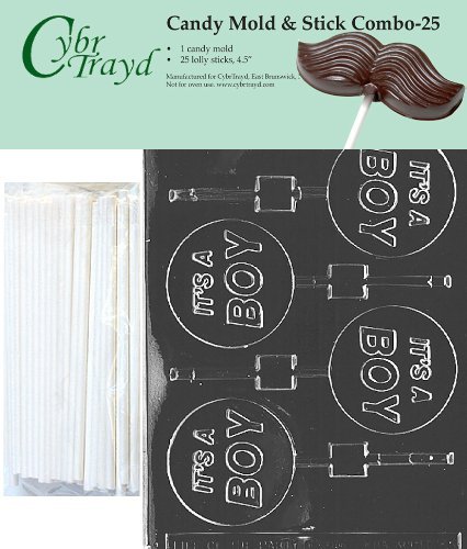 Cybrtrayd 45St25-B023 It's A Boy Lolly Chocolate Candy Mold with 25 Cybrtrayd 4.5" Lollipop Sticks
