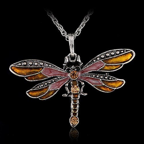 Retro Silver Jewelry Necklace Pendant Dragonfly Crystal Sweater Chain Fashion (purple) N4