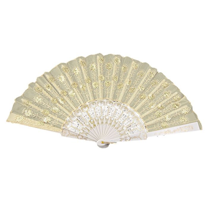 Sequin Detailing Flower Fabric Cloth Chinese Folding Hand Fan Beige