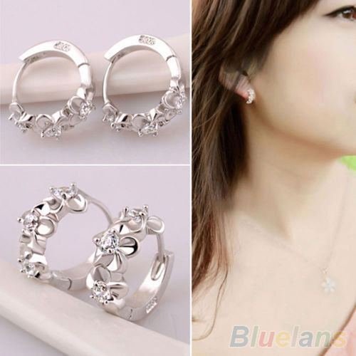 Fashion Women Silver Flower Plated Crystal Rhinestone Stud Earrings Hoop Jewelry