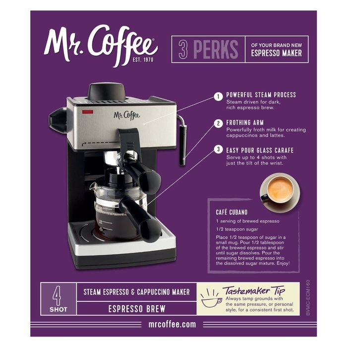 Mr. Coffee 4-Cup Steam Espresso System with Milk Frother, ECM160