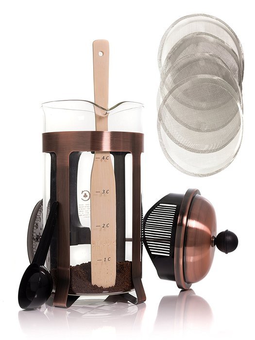 Copper French Coffee Press & Tea Infuser Heat Toughened Glass Cafe Crush Club Avignon SS Plunger with Double Screens... N3