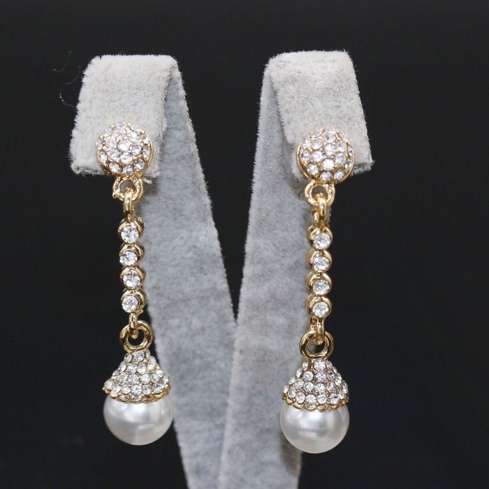 Long Dangle Pendant Crystal Pearl Necklace Earrings Gorgeous Golden Jewelry Set N2