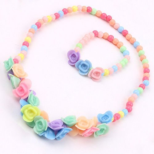 Kids Girls Lovely New Beads Flowers Necklace Bracelet 2 in 1 Jewelry Set Eyeful N5