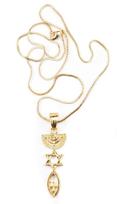 Messianic Star of David Menorah Fish Pendant Gold Plated Necklace From Holy Land N2