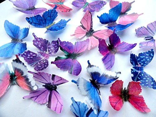 PURPLE PINK & BLUE Small Assorted Set of 12 Edible Butterflies - Cake and Cupcake Toppers, Decorations
