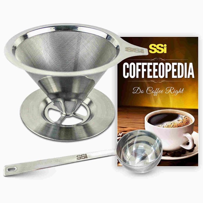 Pour Over Coffee Filter Dripper Kit with Bonus 2 Tablespoon Scoop - All High Quality Stainless Steel Cone Paperless...