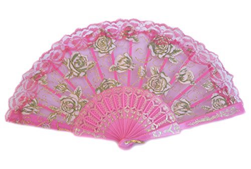 Colorful Slab Lace Folding Fan with Rose Pictures (Black) N3