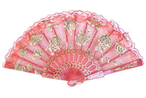 Colorful Slab Lace Folding Fan with Rose Pictures (Black) N4