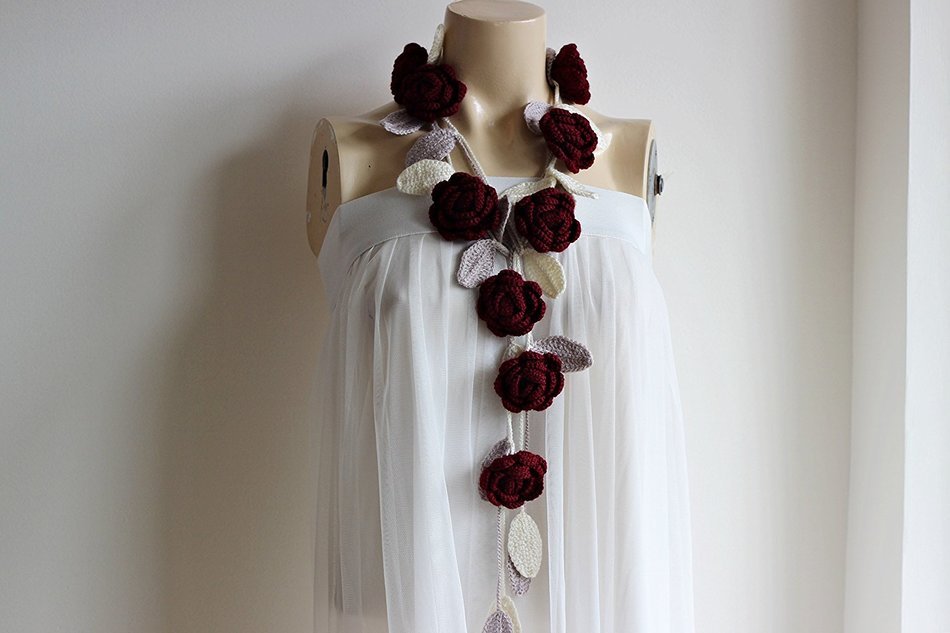 Burgundy Scarf-Rose Crochet Scarf-Necklace Lariat Scarf- Burgundy,Ivory,Taupe Scarf-Burgundy Neckwarmer N2