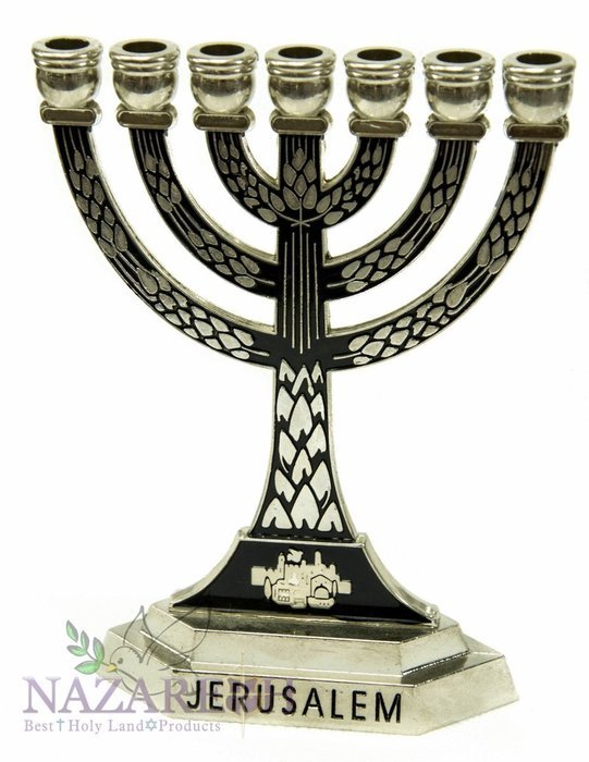Black Enamel Temple Menorah 7 Branches Menora Silver Metaic Israel Gift