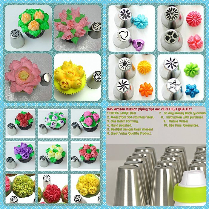 K&S Artisan Professional Quality 56 pcs Russian Piping Tips Set(XLarge 35 tips+20 Piping Bags+Coupler) 304 Stainless... N2