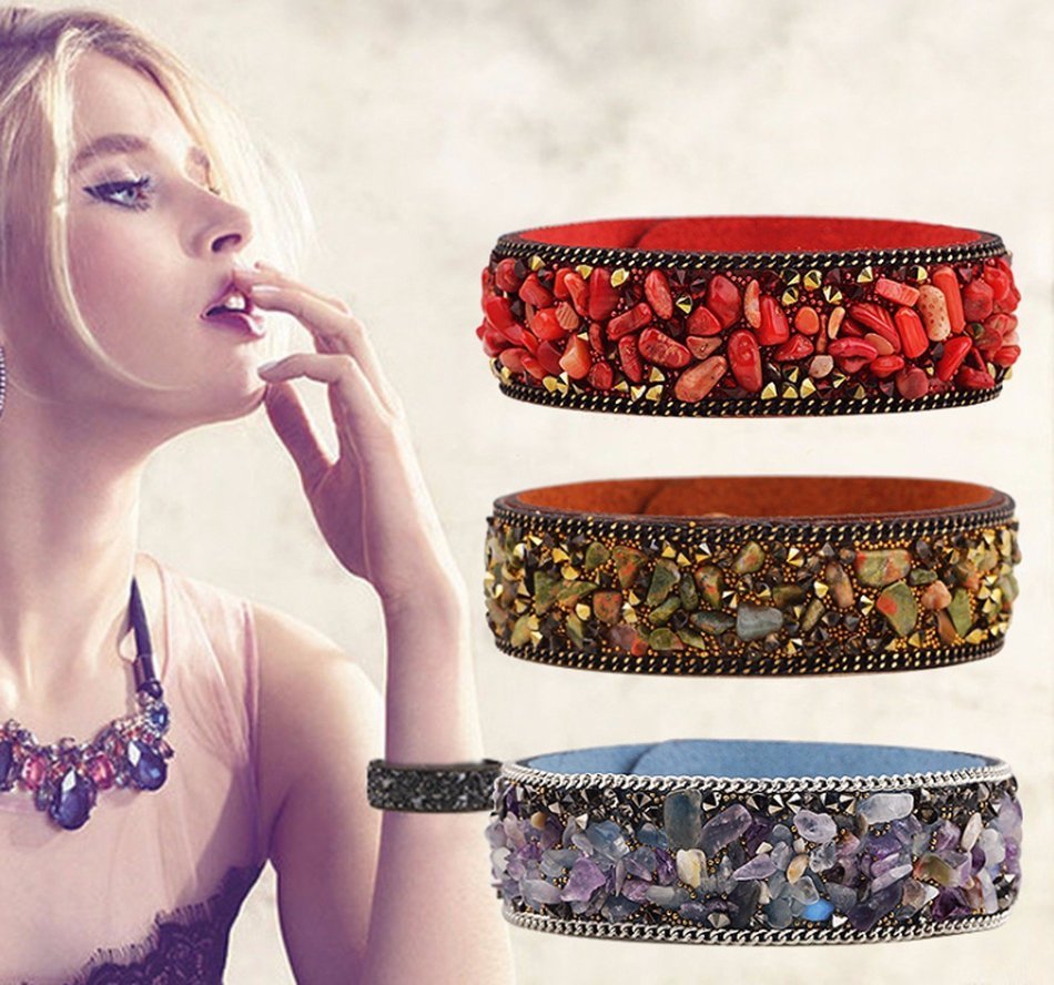 Gaobei Handmade Punk Style Womens Bangle Natural Crystals Stones and Crystal Inlay Soft Velvet Leather Wrap Bracelets N4