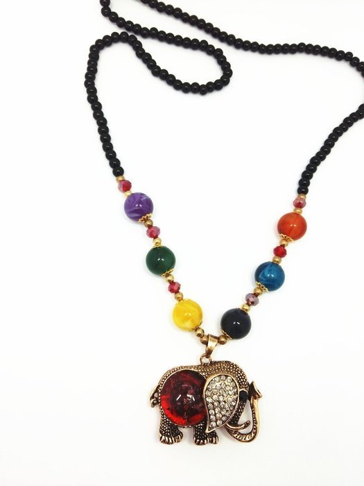 QTMY Diamond Black Beaded Statement Long Chain Necklace Bohemian Jewelry with Big Elephant Pendant for Women