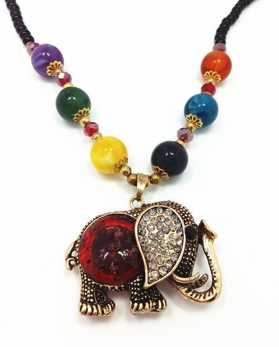 QTMY Diamond Black Beaded Statement Long Chain Necklace Bohemian Jewelry with Big Elephant Pendant for Women N2