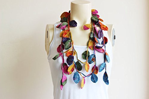 Leaves Necklace Scarf-Multicolor Crochet Necklace-Multicolor Lariat Scarf-Mohair Crochet Scarf with Gold Glitter... N3