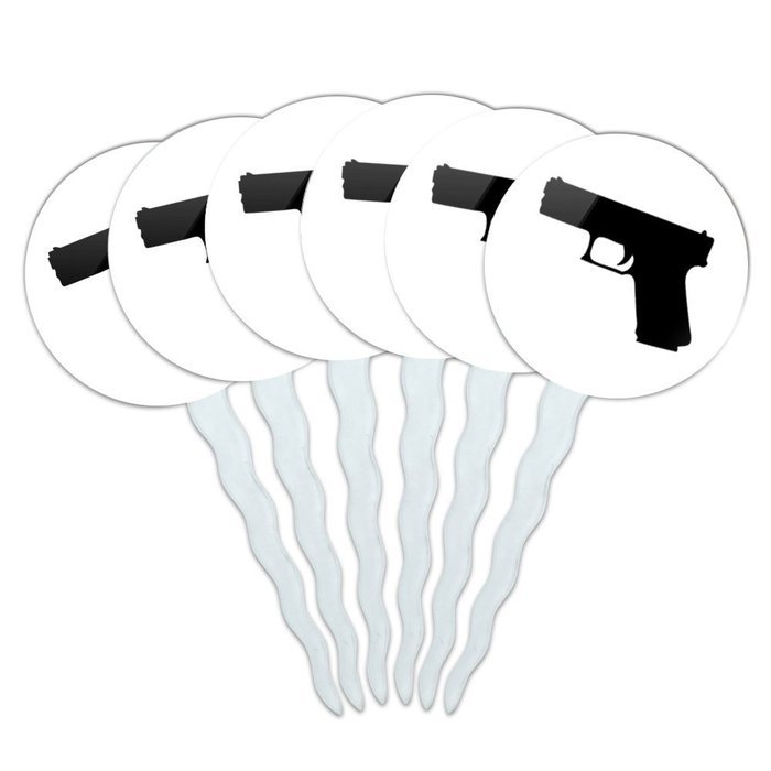 Set of 6 Cupcake Picks Toppers Decoration Guns Weapons Military - Handgun Weapon Black on White