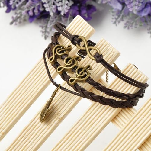 Retro Infinity Guitar Music Friendship Antique Copper Leather Charm Bracelet N3