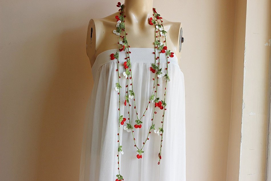 Cherry Necklace-Cherry Crochet Necklace-Turkish Oya necklace-Red and White Necklace-Lariat Necklace -Spring Scarf N4