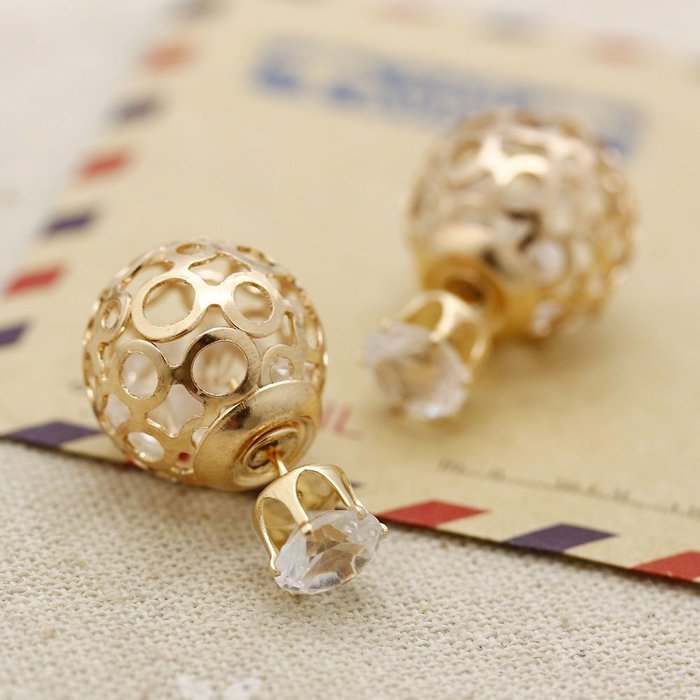 Double-Sided Yellow Gold Plated Hollow Crystal Ball Women Unique Earring Jewelry N2