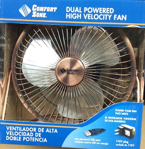CZHV6USB BRONZE Comfort Zone 6" Inch DUAL POWERED HIGH VELOCITY Fan Vibration FREE Quiet Operation Cooling Air