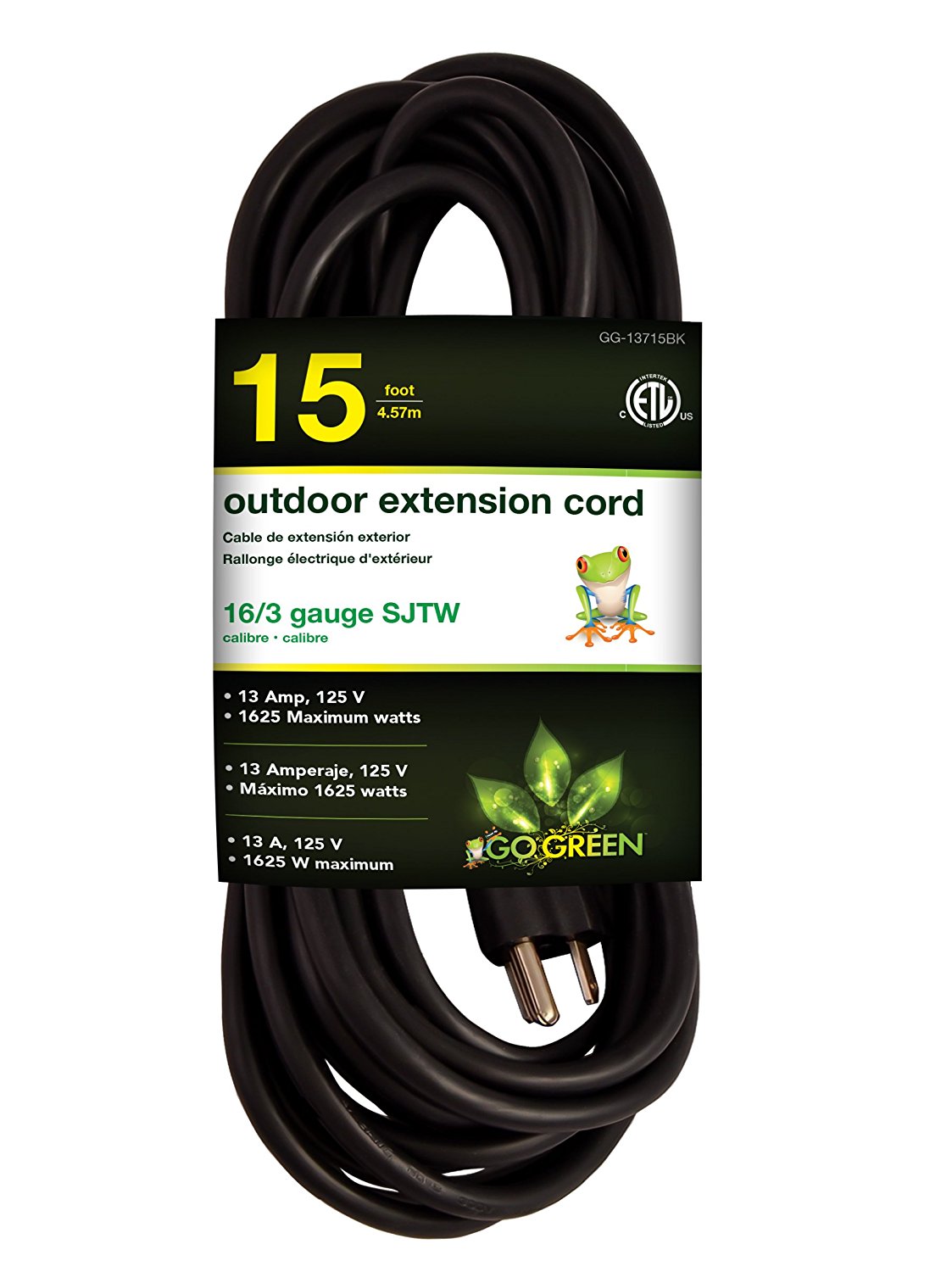 Go Green Power GG13708BK 16/3 SJTW Outdoor Extension Cord, 8', Black